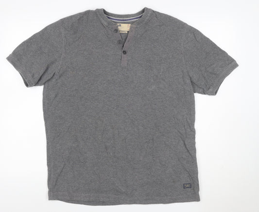 Marks and Spencer Men Grey Large Henley Short Sleeve Cotton Polo Shirt