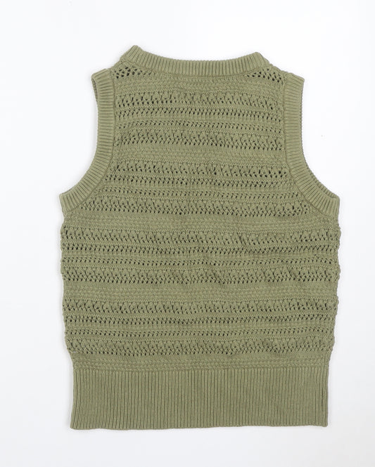 Dunnes Women Green Khaki Size 8 Open-Knit Sleeveless Jumper Vest