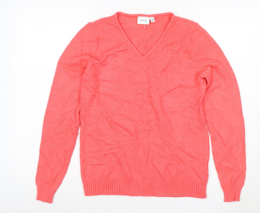 Vila Women Pink V-Neck Long Sleeve Fine Knit Jumper Size S