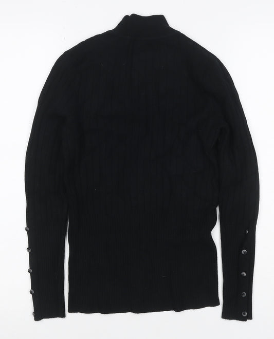 M&S Women Black UK 10 Ribbed Roll Neck Button Sleeve Jumper