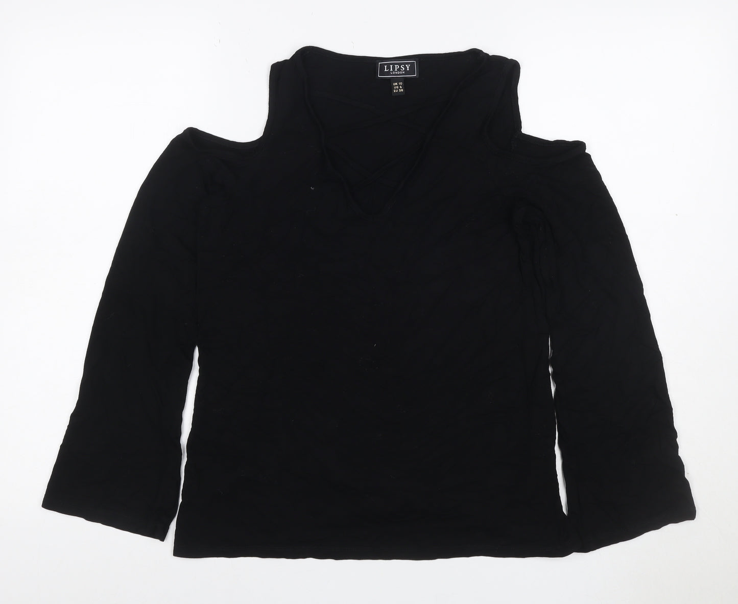 Lipsy Women Black UK 10 Cold Shoulder V-Neck Stretch Blouse