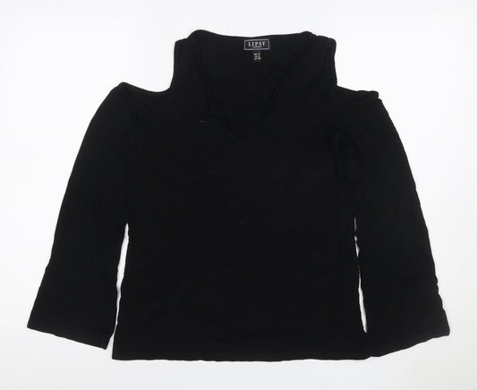 Lipsy Women Black UK 10 Cold Shoulder V-Neck Stretch Blouse