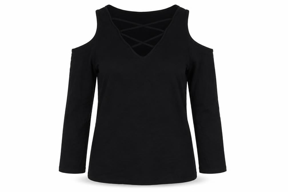 Lipsy Women Black UK 10 Cold Shoulder V-Neck Stretch Blouse