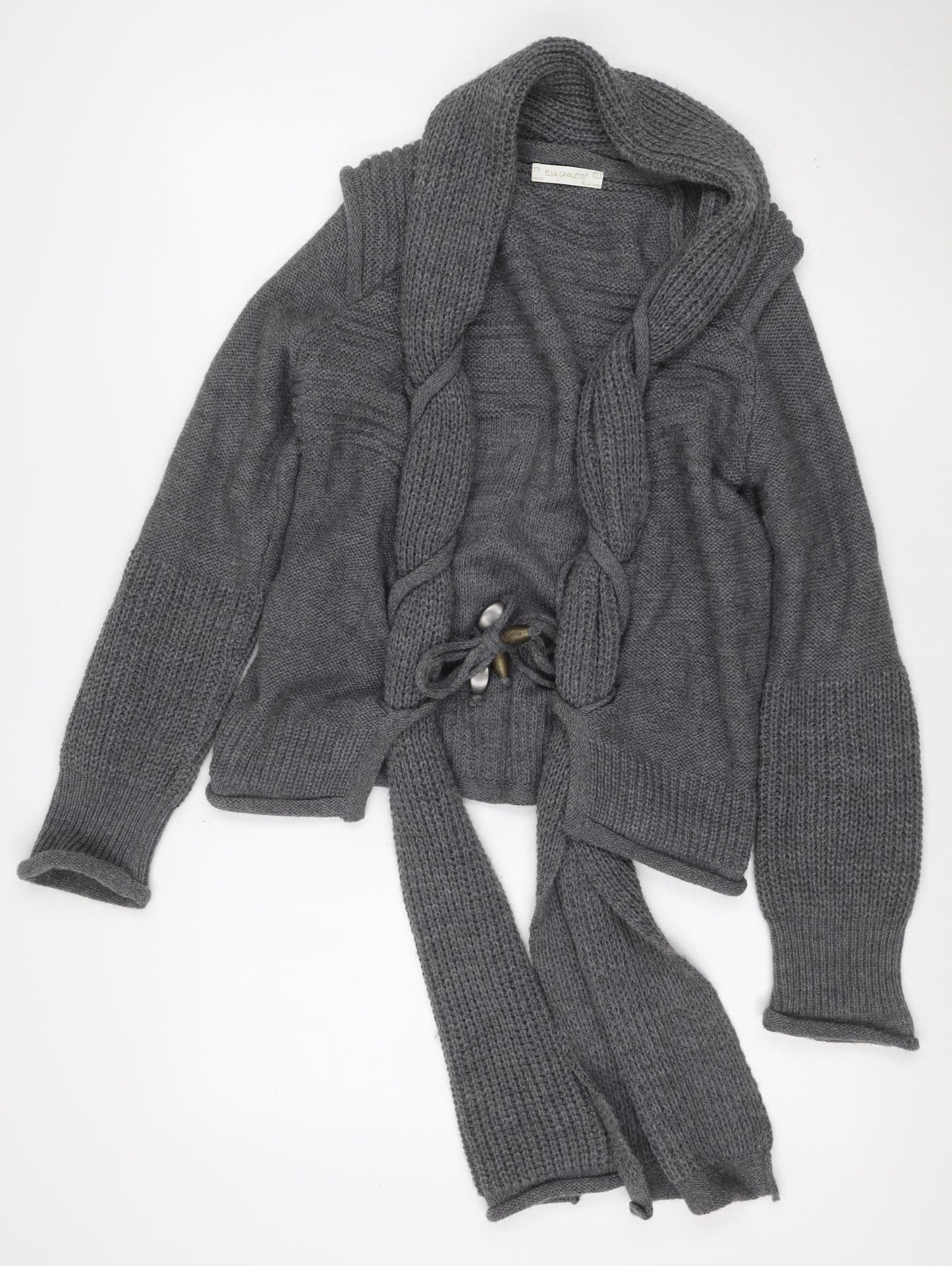 Elisa Cavaletti Women’s Grey L Wool Blend Lace-Up Wrap Knit Cardigan