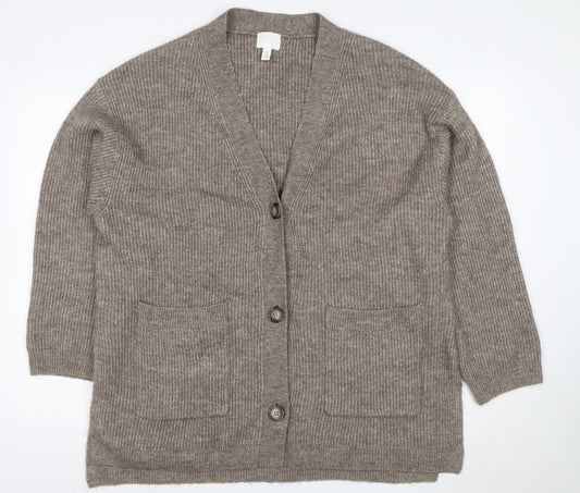 H&M Women’s Brown UK 16 Rib Knit V-Neck Button Cardigan