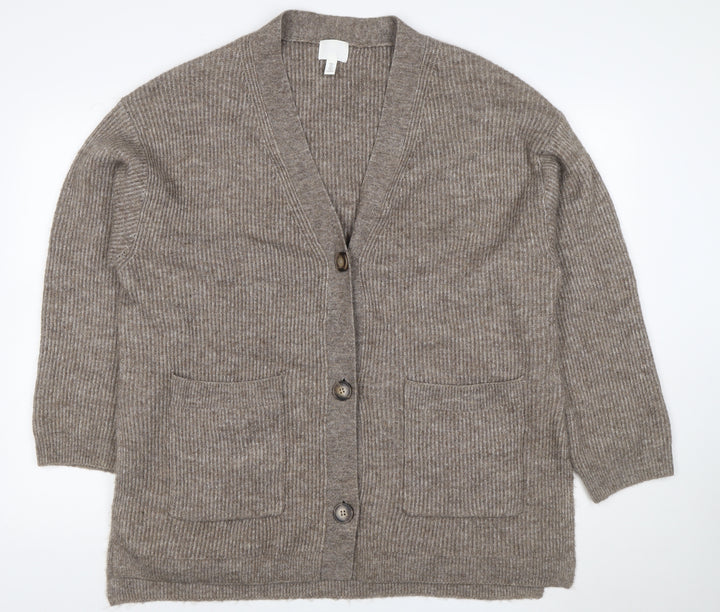 H&M Women’s Brown UK 16 Rib Knit V-Neck Button Cardigan
