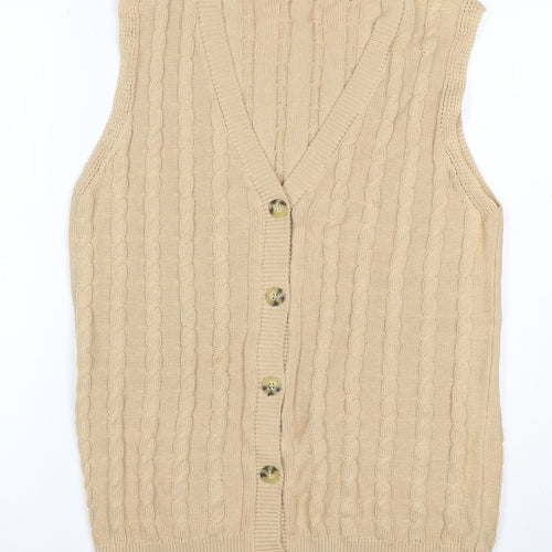 Soft Rebels Women Beige S Cable-Knit V-Neck Button Vest Cardigan