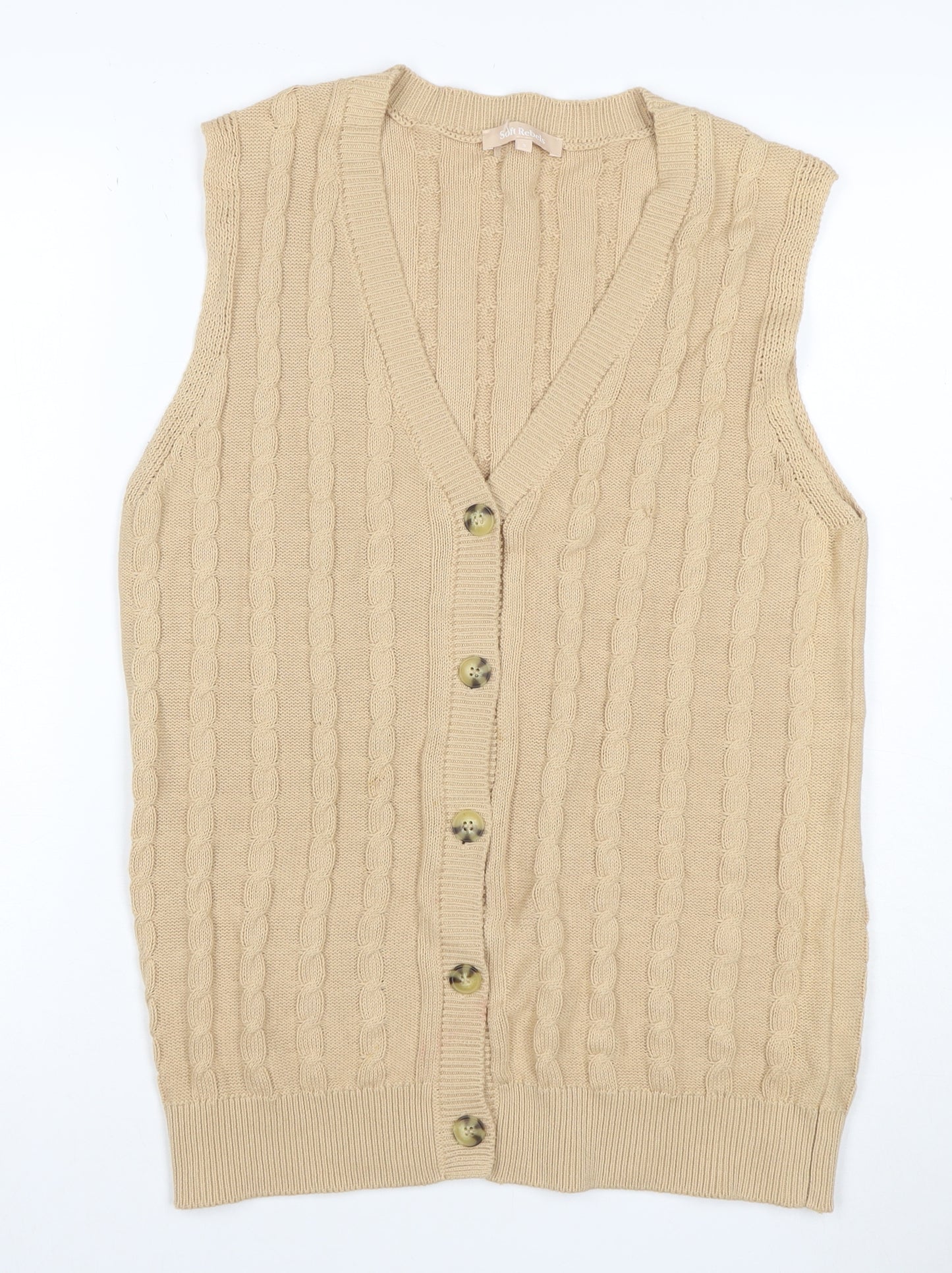 Soft Rebels Women Beige S Cable-Knit V-Neck Button Vest Cardigan