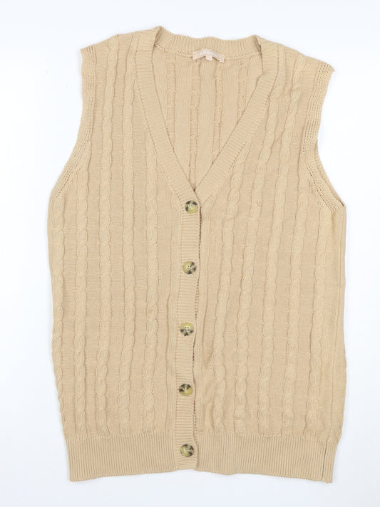 Soft Rebels Women Beige S Cable-Knit V-Neck Button Vest Cardigan