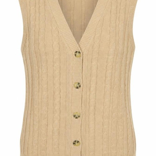 Soft Rebels Women Beige S Cable-Knit V-Neck Button Vest Cardigan