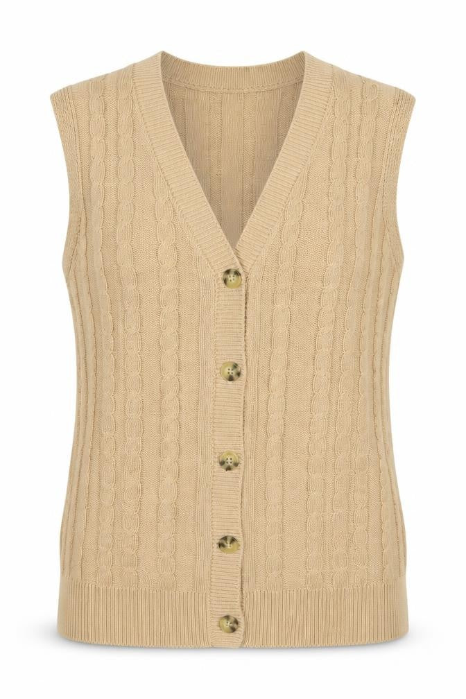 Soft Rebels Women Beige S Cable-Knit V-Neck Button Vest Cardigan
