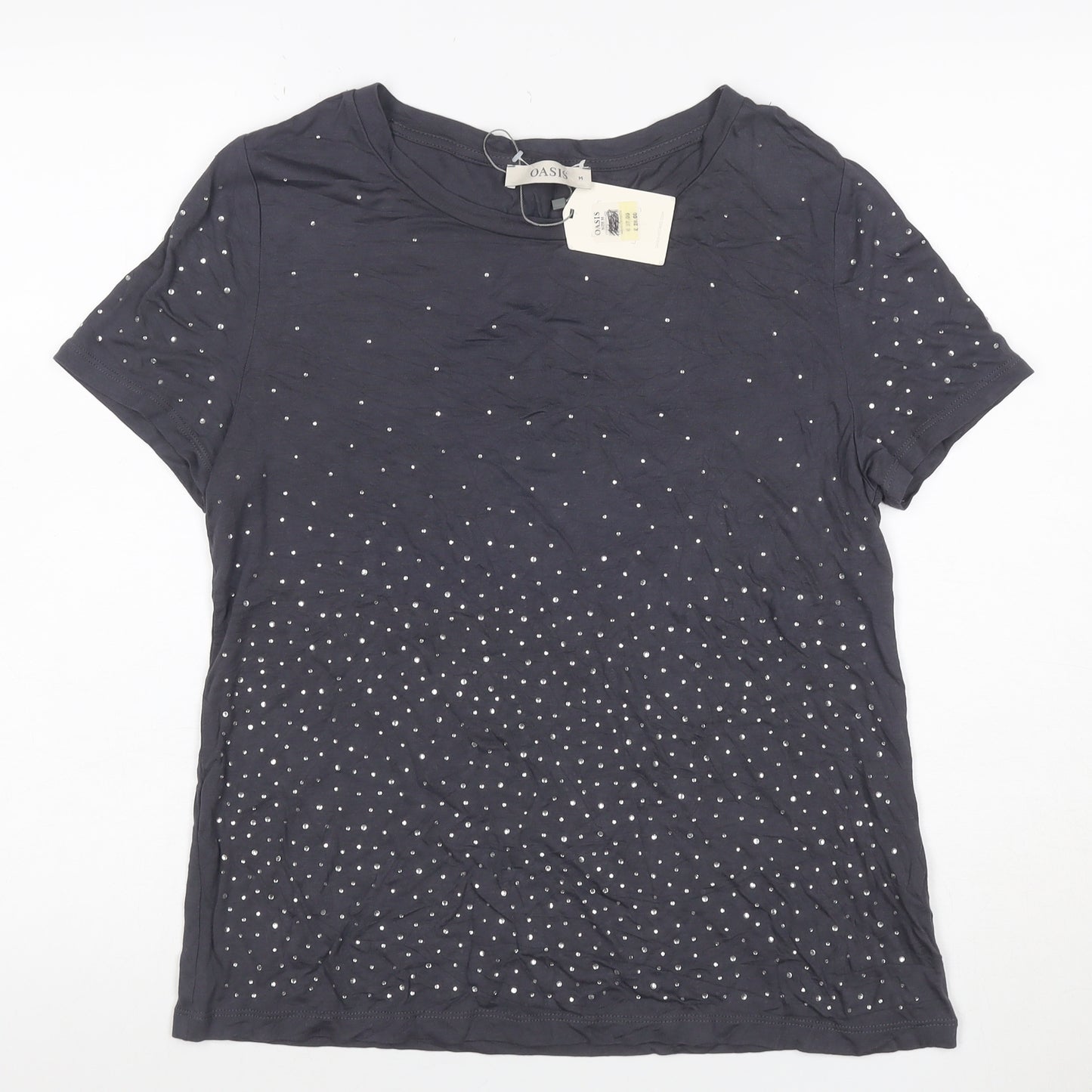 Oasis Women Blue M Studded Short Sleeve Jersey T-Shirt