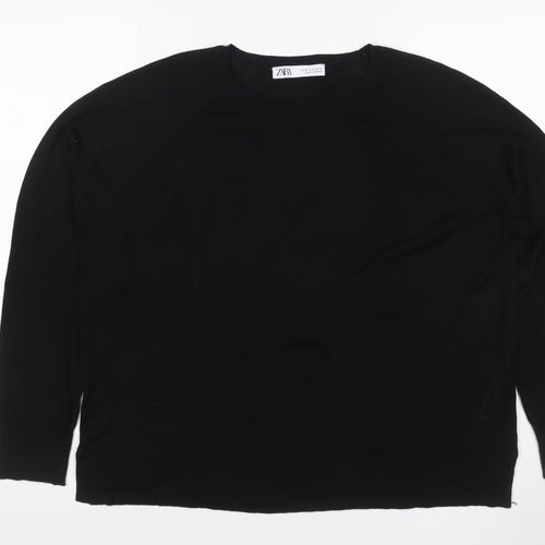 Zara Women Black UK 16 Basic Knit Long Sleeve Crew Neck Top