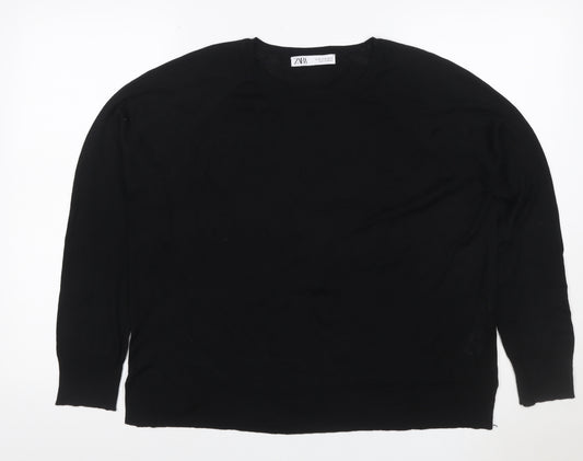 Zara Women Black UK 16 Basic Knit Long Sleeve Crew Neck Top