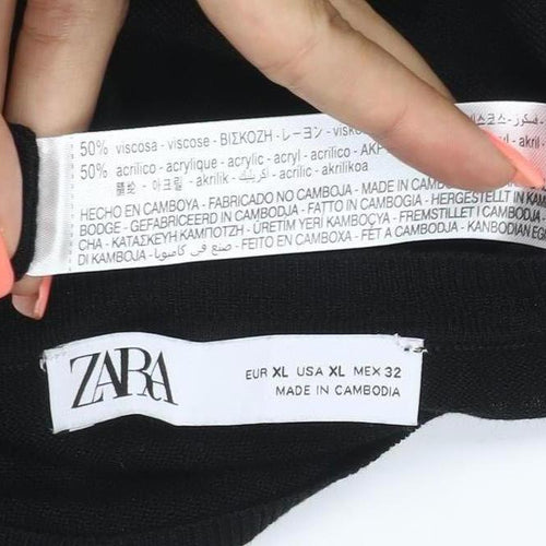 Zara Women Black UK 16 Basic Knit Long Sleeve Crew Neck Top