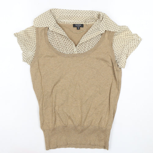 Savida Women’s Beige UK 10 Layered Polka Dot Collared Knit Blouse