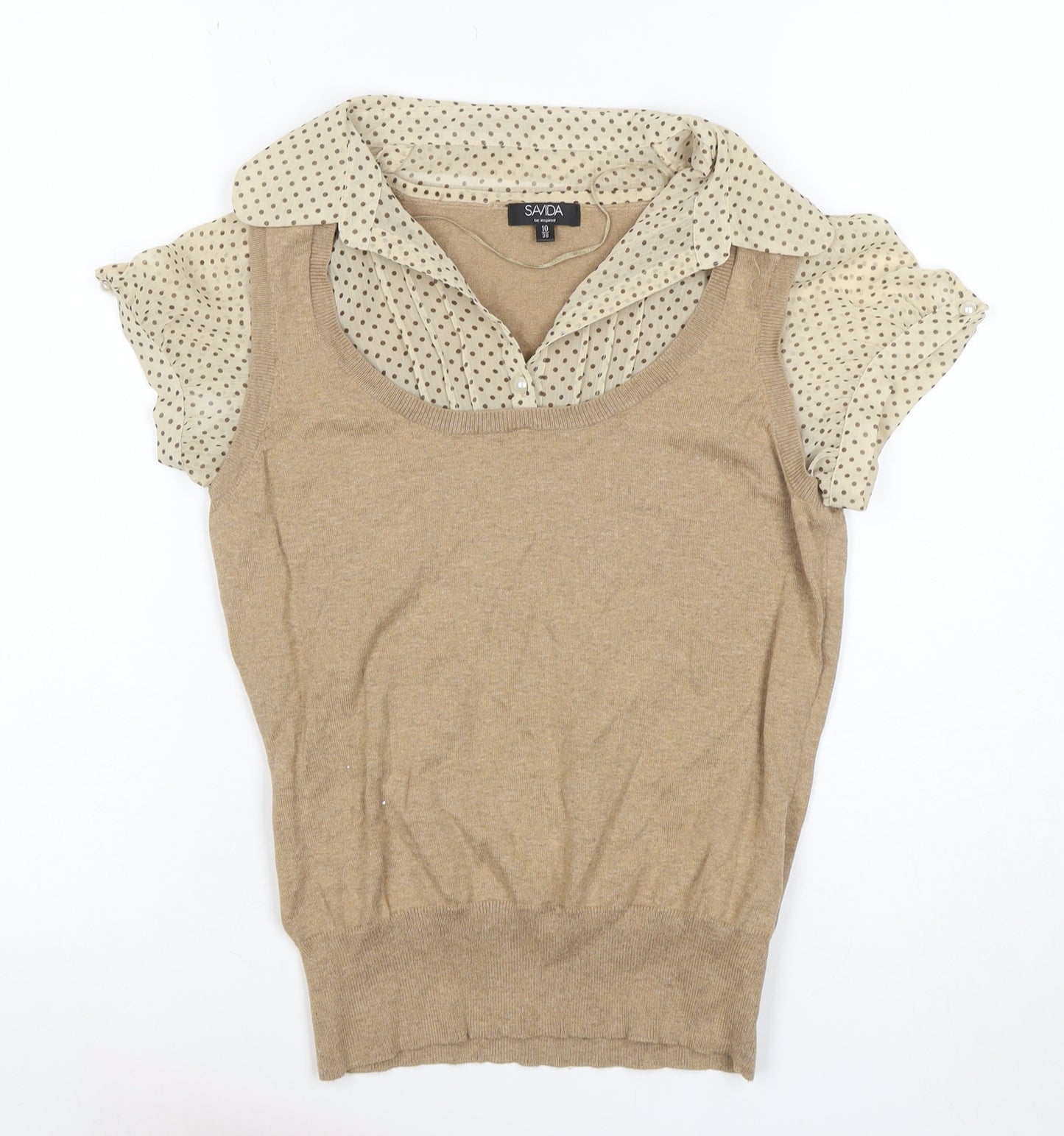 Savida Women’s Beige UK 10 Layered Polka Dot Collared Knit Blouse