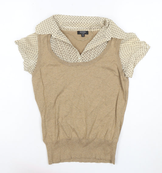 Savida Women’s Beige UK 10 Layered Polka Dot Collared Knit Blouse