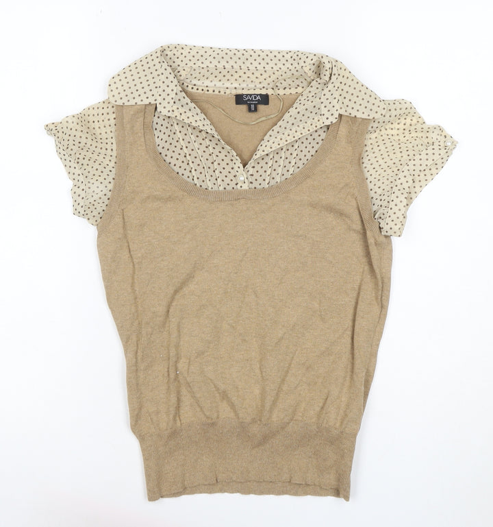 Savida Women’s Beige UK 10 Layered Polka Dot Collared Knit Blouse