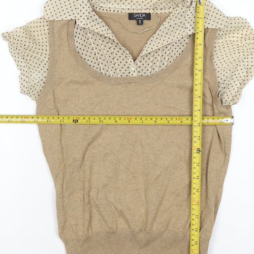 Savida Women’s Beige UK 10 Layered Polka Dot Collared Knit Blouse