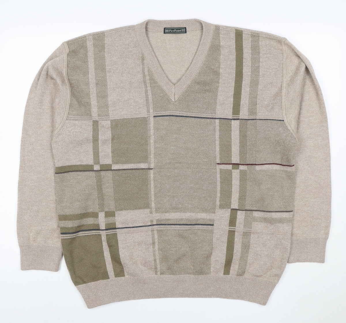 PierPoint Men's Beige XL V-Neck Geometric Knit Pullover Jumper