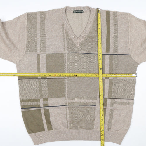 PierPoint Men's Beige XL V-Neck Geometric Knit Pullover Jumper