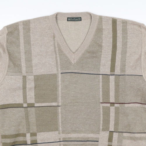 PierPoint Men's Beige XL V-Neck Geometric Knit Pullover Jumper
