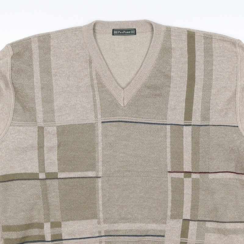 PierPoint Men's Beige XL V-Neck Geometric Knit Pullover Jumper