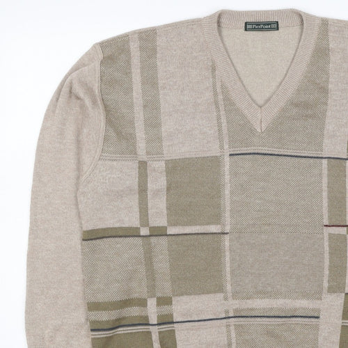 PierPoint Men's Beige XL V-Neck Geometric Knit Pullover Jumper