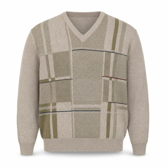 PierPoint Men's Beige XL V-Neck Geometric Knit Pullover Jumper