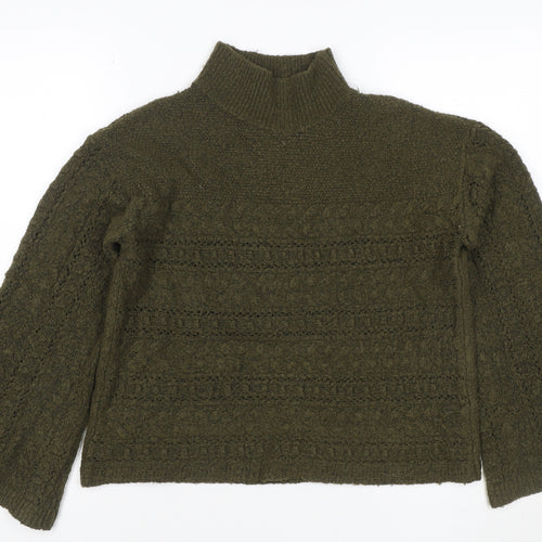 Gallery Women Green S Mock Neck Bouclé Knit Pocket Jumper Bell Sleeve