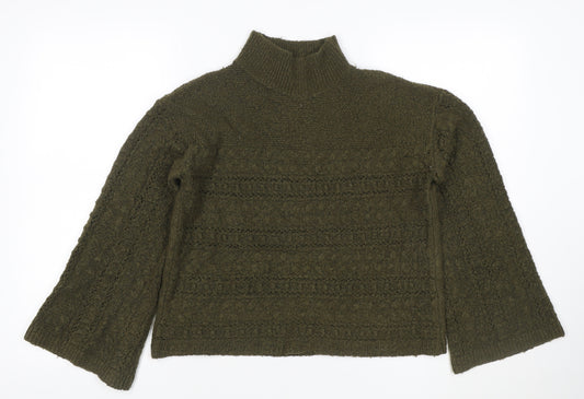 Gallery Women Green S Mock Neck Bouclé Knit Pocket Jumper Bell Sleeve
