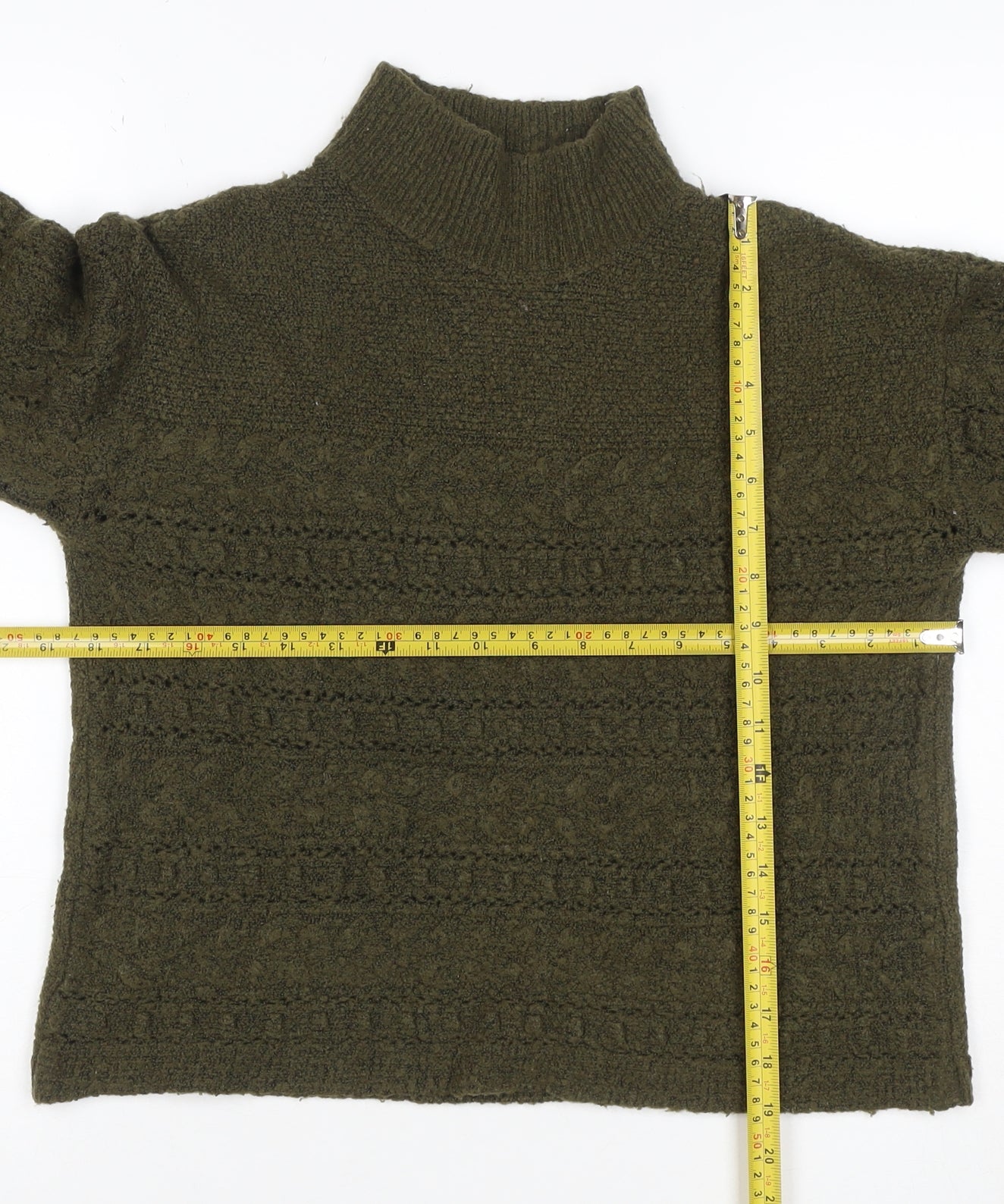 Gallery Women Green S Mock Neck Bouclé Knit Pocket Jumper Bell Sleeve