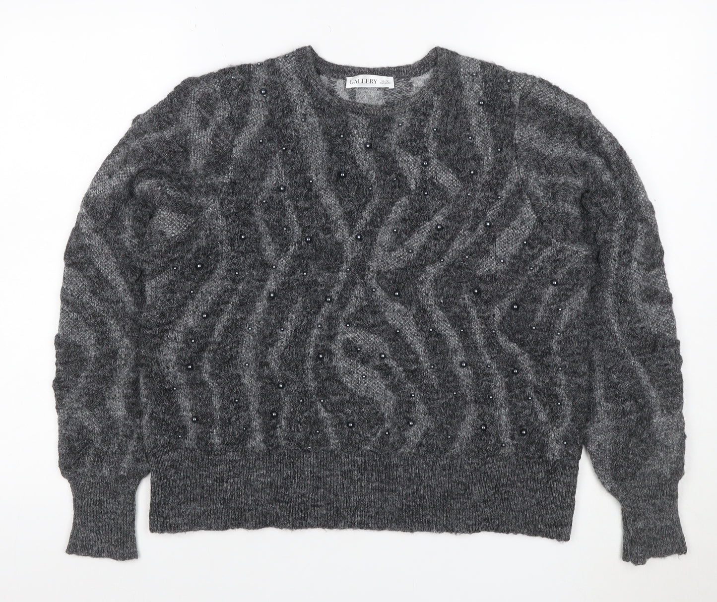 Gallery Women Grey M Cable Knit Beaded Crew Neck Jumper