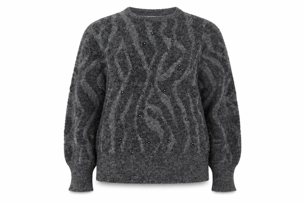 Front view of Gallery Women Grey M Cable Knit Beaded Crew Neck Jumper