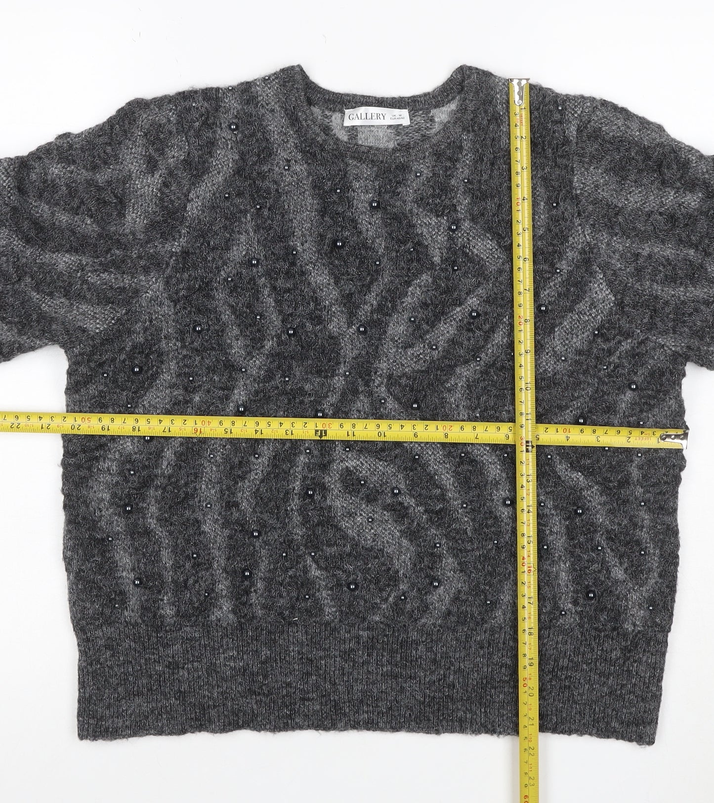 Gallery Women Grey M Cable Knit Beaded Crew Neck Jumper