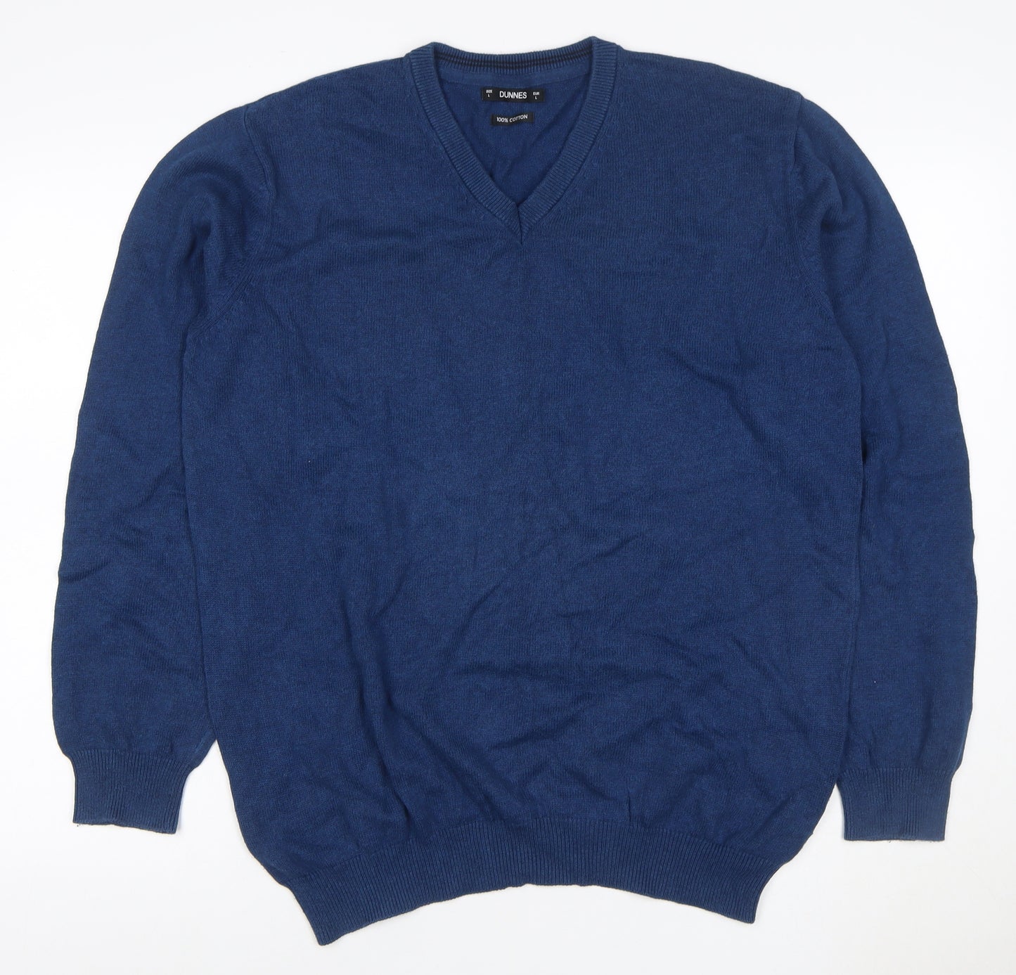 Dunnes Men’s Blue L V-Neck 100% Cotton Knit Pullover Jumper Classic