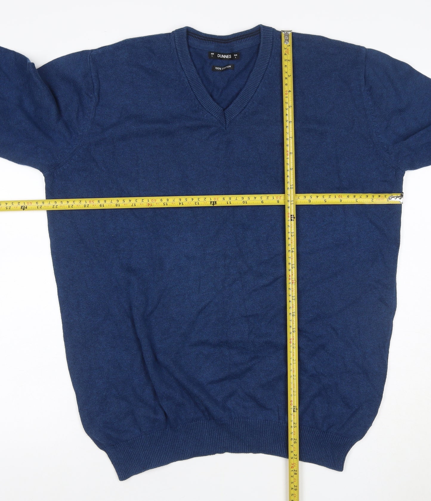 Dunnes Men’s Blue L V-Neck 100% Cotton Knit Pullover Jumper Classic