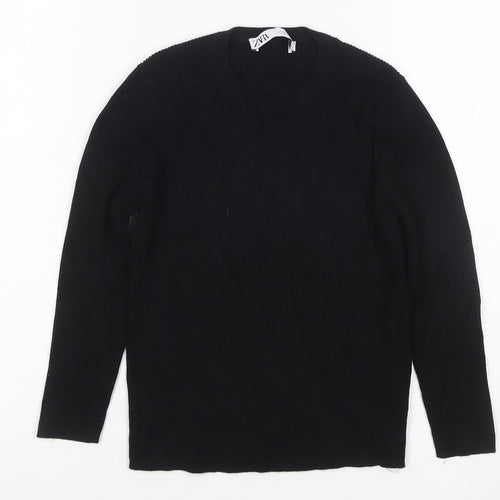 Zara Women Black M Rib Knit Round Neck Slim Pullover Jumper