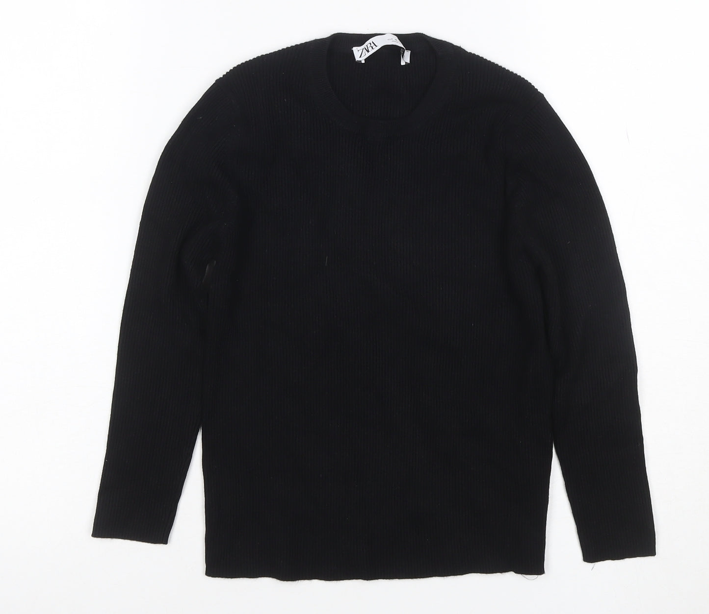 Zara Women Black M Rib Knit Round Neck Slim Pullover Jumper