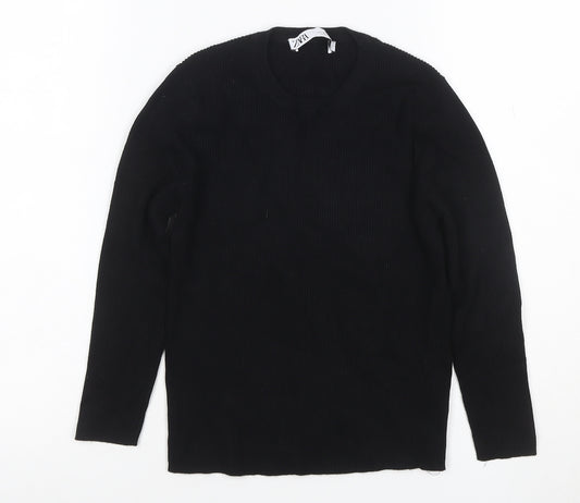 Zara Women Black M Rib Knit Round Neck Slim Pullover Jumper