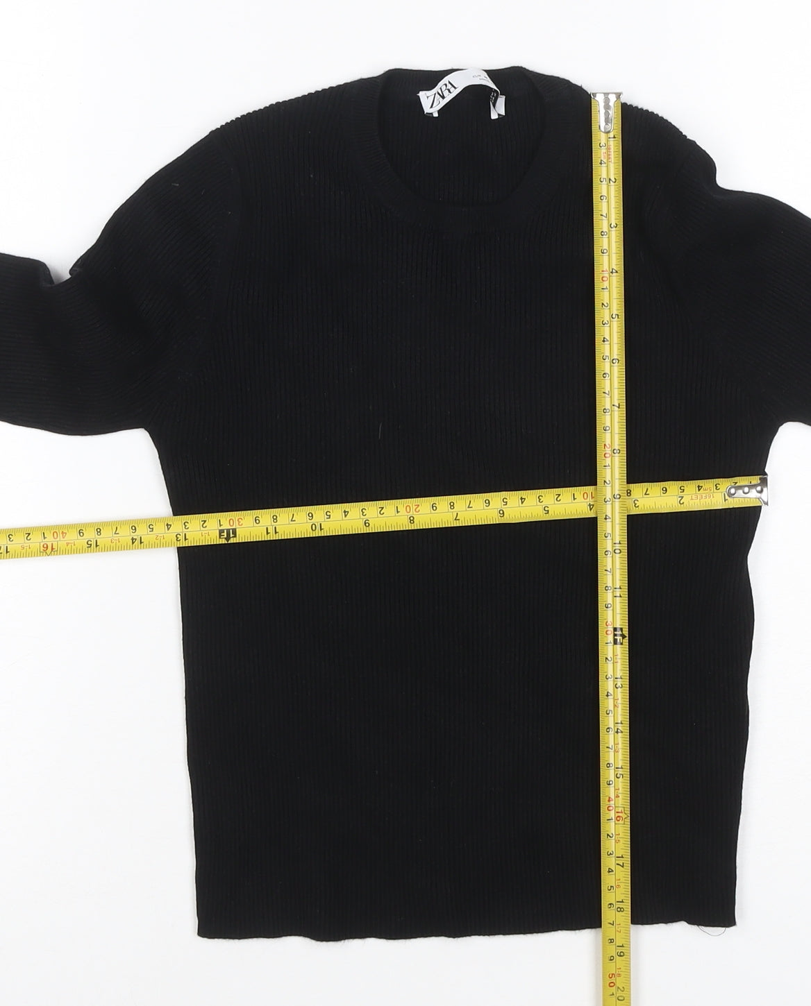 Zara Women Black M Rib Knit Round Neck Slim Pullover Jumper