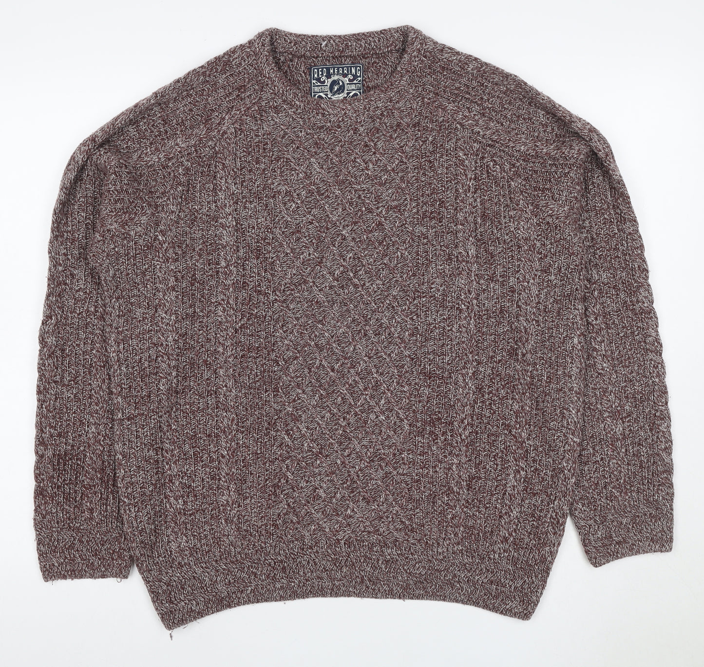 Red Herring Men Brown M Cable Knit Wool Blend V-Neck Pullover Jumper