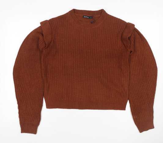 Boohoo Women Brown S Ruffle Shoulder Crew Neck Chunky Knit Jumper