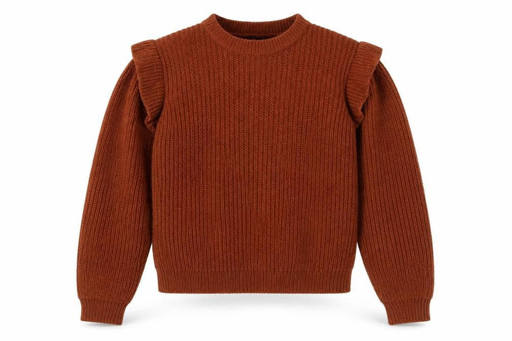 Boohoo Women Brown S Ruffle Shoulder Crew Neck Chunky Knit Jumper