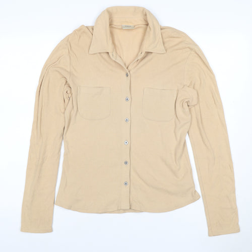 Next Women Beige UK 12 Ribbed Collared Button-Up Long Sleeve Top