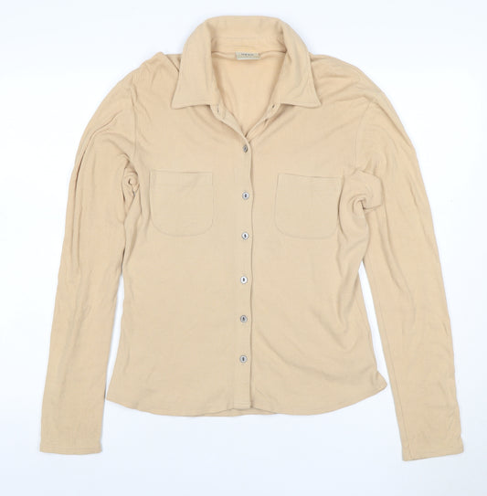 Next Women Beige UK 12 Ribbed Collared Button-Up Long Sleeve Top