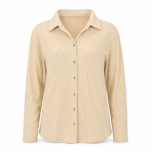 Front view of Next Women Beige UK 12 Ribbed Collared Button-Up Long Sleeve Top