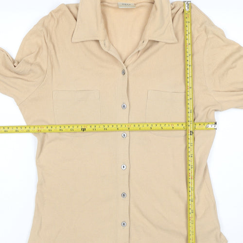 Next Women Beige UK 12 Ribbed Collared Button-Up Long Sleeve Top