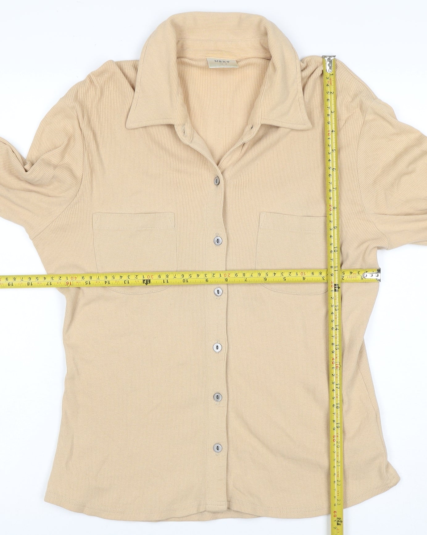 Next Women Beige UK 12 Ribbed Collared Button-Up Long Sleeve Top